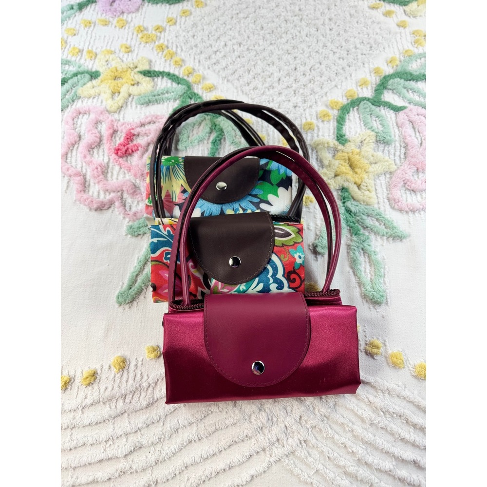 Set of 3 Foldable Nylon Tote Bags Floral and Burgundy Travel Shopping Bags